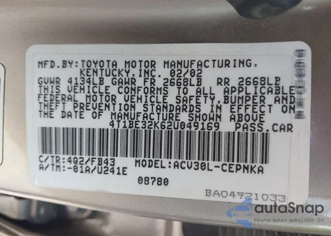 2002 Toyota Camry Le from USA, damaged, VIN 4T1BE32K62U049169